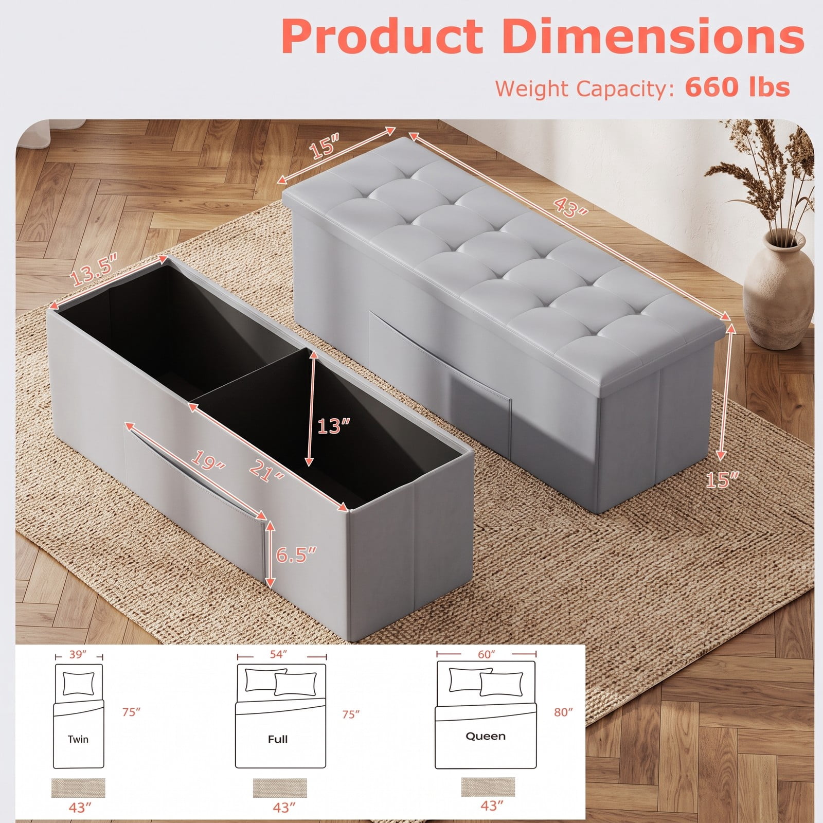 Furnibear 43 Inch Folding PU Leather Storage Ottoman Bench with Divider and Side Pocket for Living Room, Bedroom and Entryway, Gray