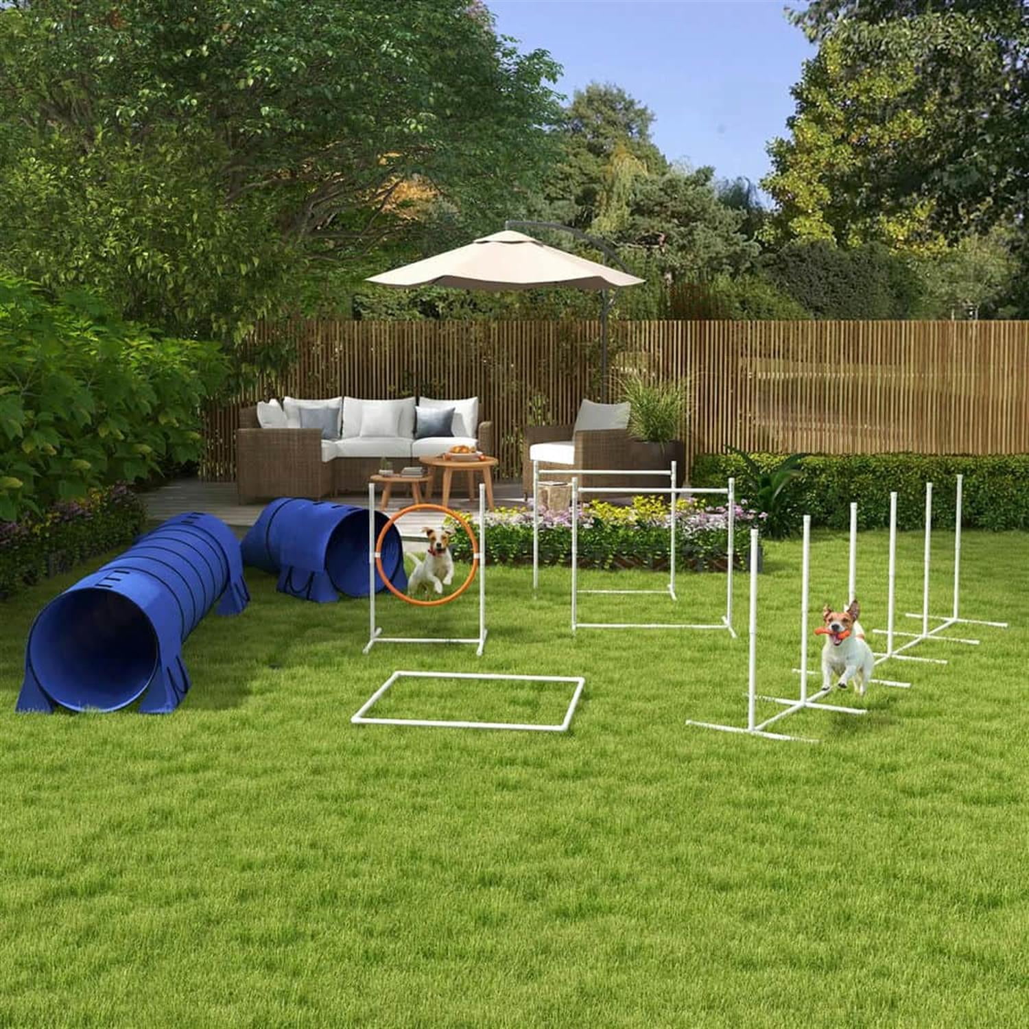 Kadyn 7 Piece Dog Agility Training Set with Tunnels, Weave Poles, Adjustable Hurdle, Jumping Ring, Pause Box for Indoor Outdoor Play, Blue
