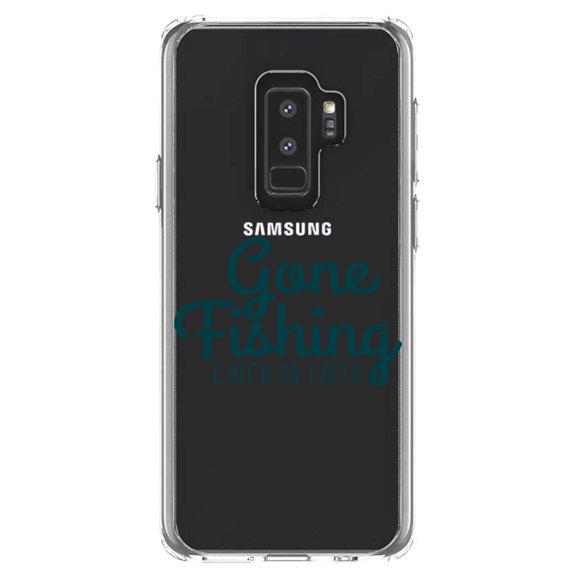 DistinctInk Clear Shockproof Hybrid Case for Samsung Galaxy S9  PLUS (6.2" Screen) - TPU Bumper Acrylic Back Tempered Glass Screen Protector - Gone Fishing Catch Ya Later
