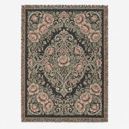 Vintage Pink Rose Scrollwork Woven Blanket 100% Cotton Ornate Floral Style for Living Room Decor