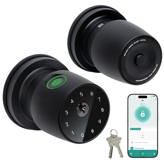 IRONZON 4-in-1 Smart Fingerprint Door Knob with App and Keypad, Matte Black Keyless Entry Door Lock with Key, One-tap Privacy Mode Setup, Auto-Lock, Easy to Install for Bedroom, Interior, Front Door