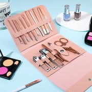 Abaima 16pcs Manicure Sets,Mini Pedicure Kit Nail Clippers,Professional Grooming Kit with PU Leather Case, Stainless Steel Trave Nail Care Tools(Pink)