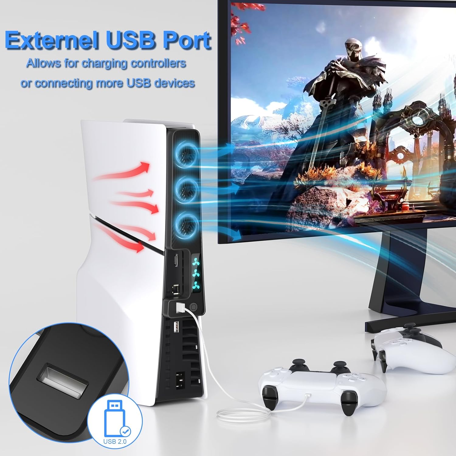 PS5 Slim Cooling Fan, Prociv New Playstation 5 Slim Console Accessories Cooler with USB Port and 3 Adjustable Quiet 9500-Speed Fans, PS5 Slim Digital/Disc Edition System Black