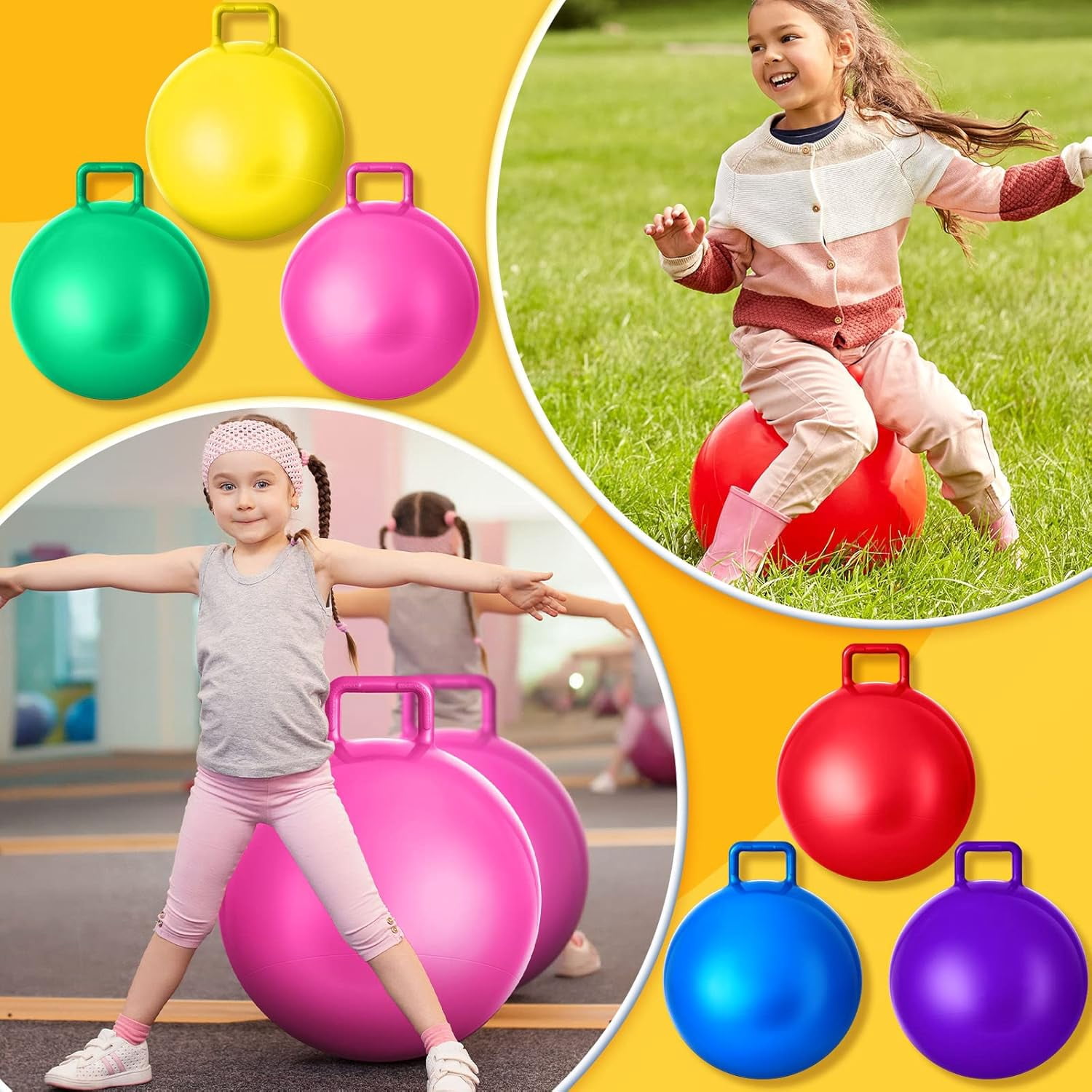 6 Pcs Carnival Outdoor Games 24 Inch Jumping Hopping Inflatable Bouncing Ball with Handle and Air Pump for Kids Sport Exercise