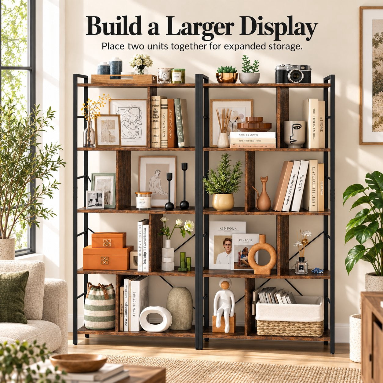 Furnibear 5-Tier Bookcase 61 Inch Tall Industrial Bookshelf with Metal Frame and Anti-Tip Anchors for Living Room Home Office Bedroom, Rustic Brown