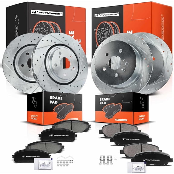 A-Premium Front and Rear Drilled and Slotted Disc Brake Rotors   Ceramic Pads Kit Compatible with Select Toyota Model - Highlander 2008 2009 2010 2011 2012 2013 2014, 2.7L 3.3L 3.5L, 12-PC Set