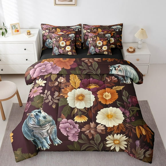 YST Chic Floral Queen Comforter Set 7pcs for Child Hippo Bedding Comforter Sets, Tropical Plant Leaves Bed in a Bag Botanical Theme Bedding Set, Rustic Vintage Bed Sheets Set