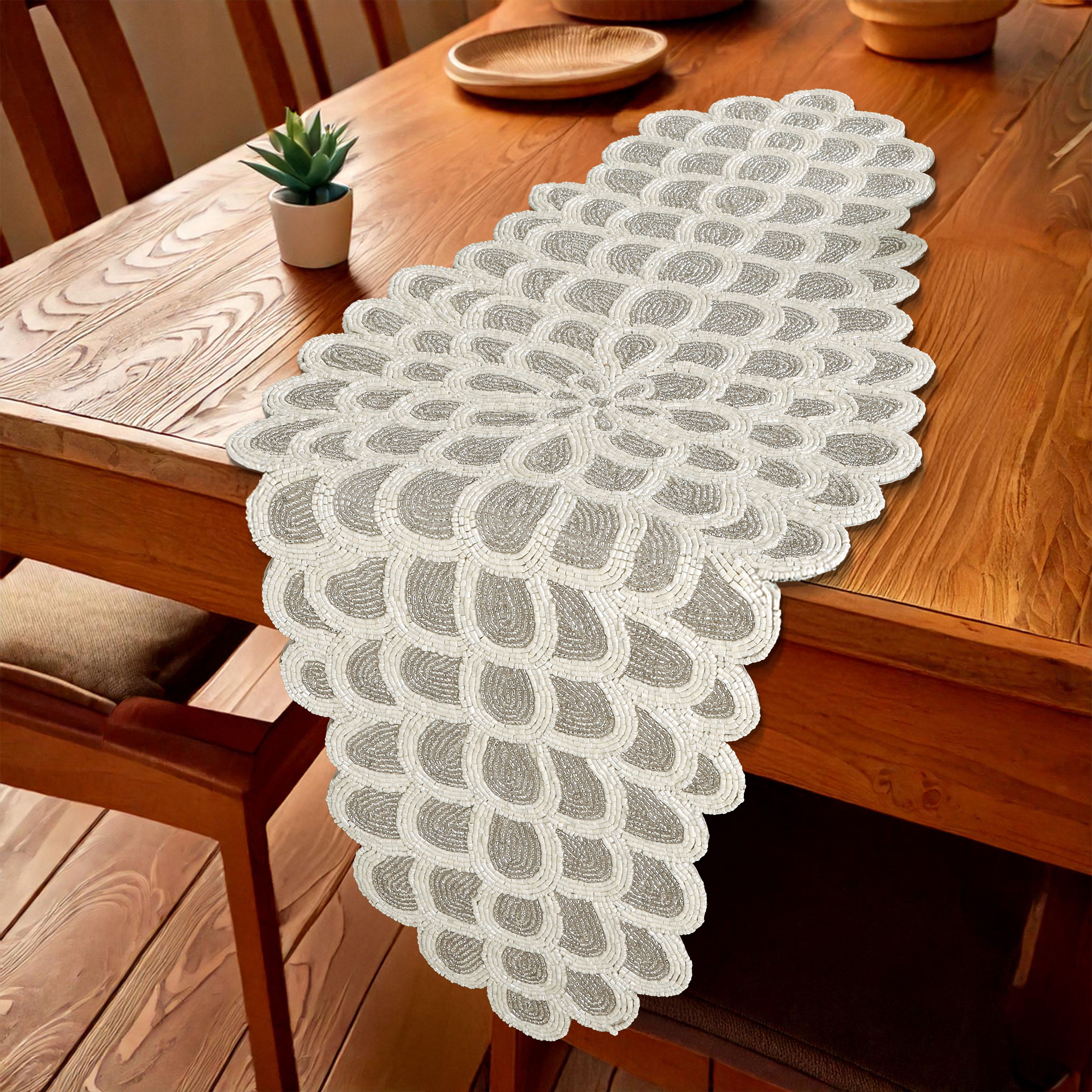 Handcrafted Glass Beaded Table Runner - Elegant Decorative Dining Table Décor (White Silver)