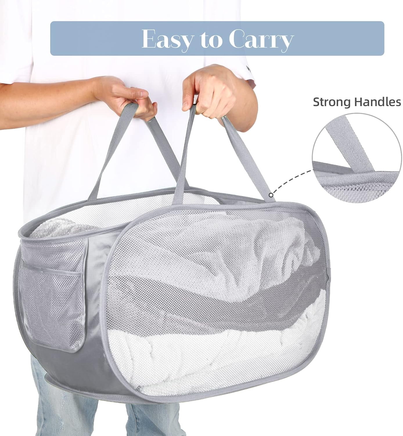 Kiibsot Strong Mesh Pop Up Laundry Basket, Collapsible Laundry Hamper with Side Pocket, Foldable Clothes Hamper with Durable Reinforced Handles for Laundry, Bathroom, Kids Room, Dorm or Travel
