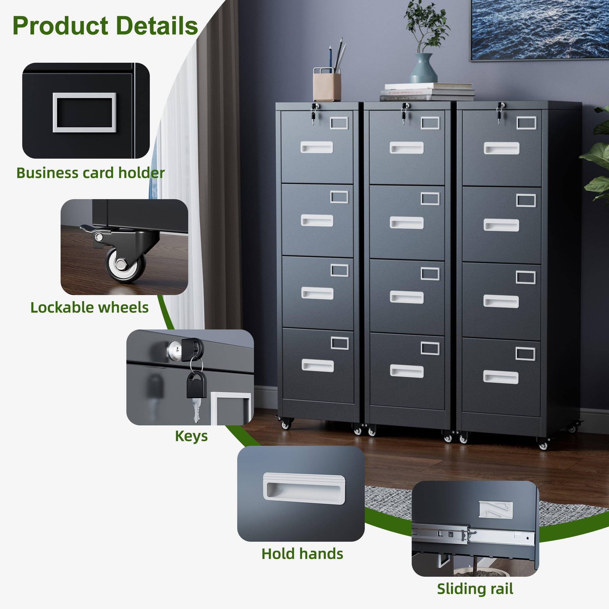 Aobabo 4 Drawer File Cabinet with wheels, Metal Vertical File Storage Cabinet with Lock, Office Home Steel Vertical File Cabinet for A4 Letter /Legal Size Assembly Required (Black)