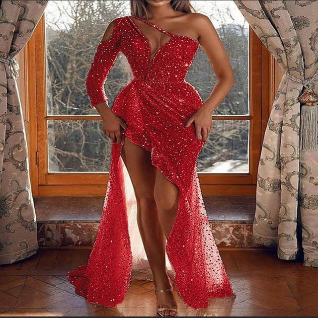 Vestido de noche de fiesta de celebridades de fantasía sexy de manga larga con abertura alta y lentejuelas para banquetes para mujer