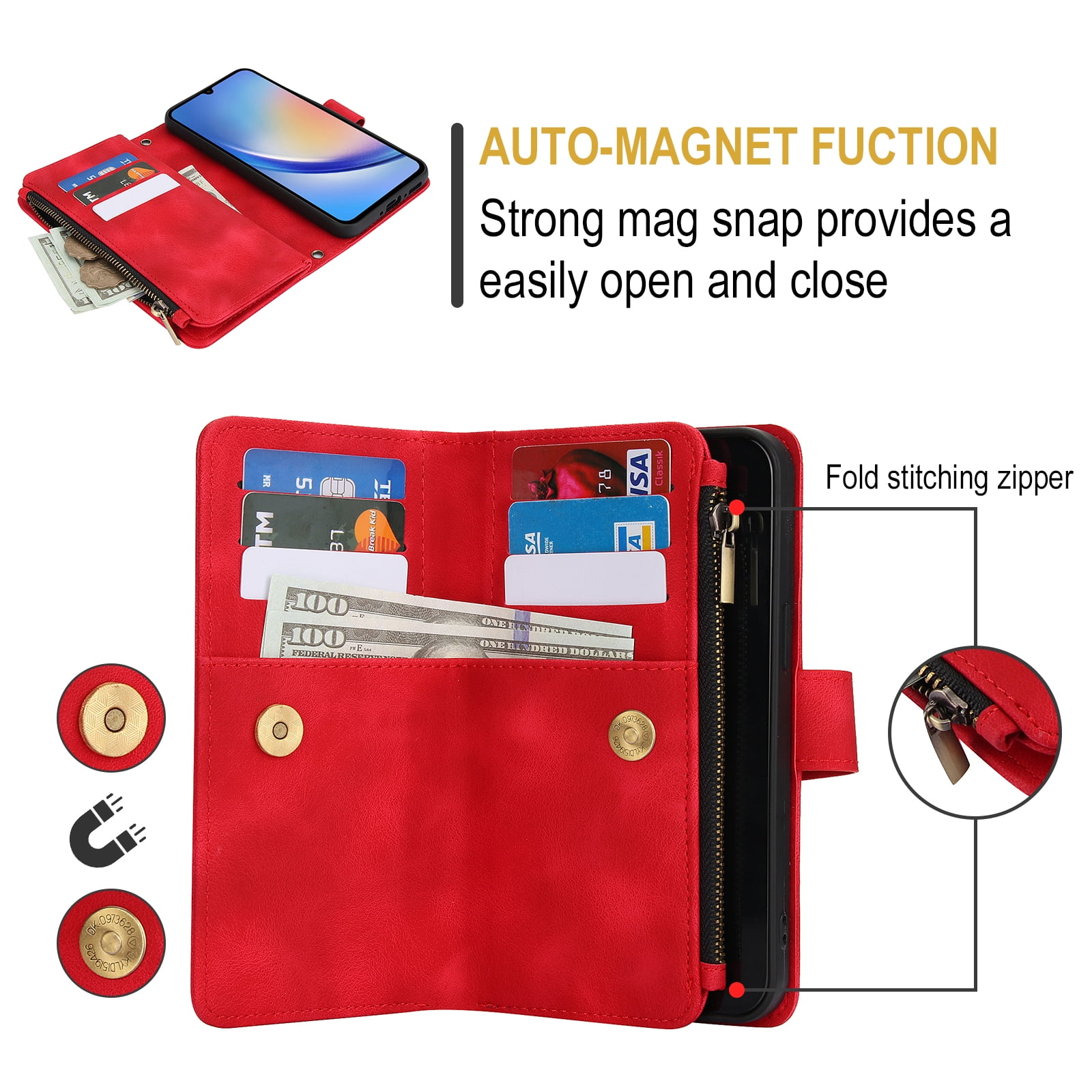 for Samsung Galaxy A16 4G/5G Wallet Case with Card Holder for Women Men, Phone Case RFID Blocking PU Leather Flip Shockproof Cover with Shoulder + Wrist Strap Zipper Credit Card Slots Stand, Red