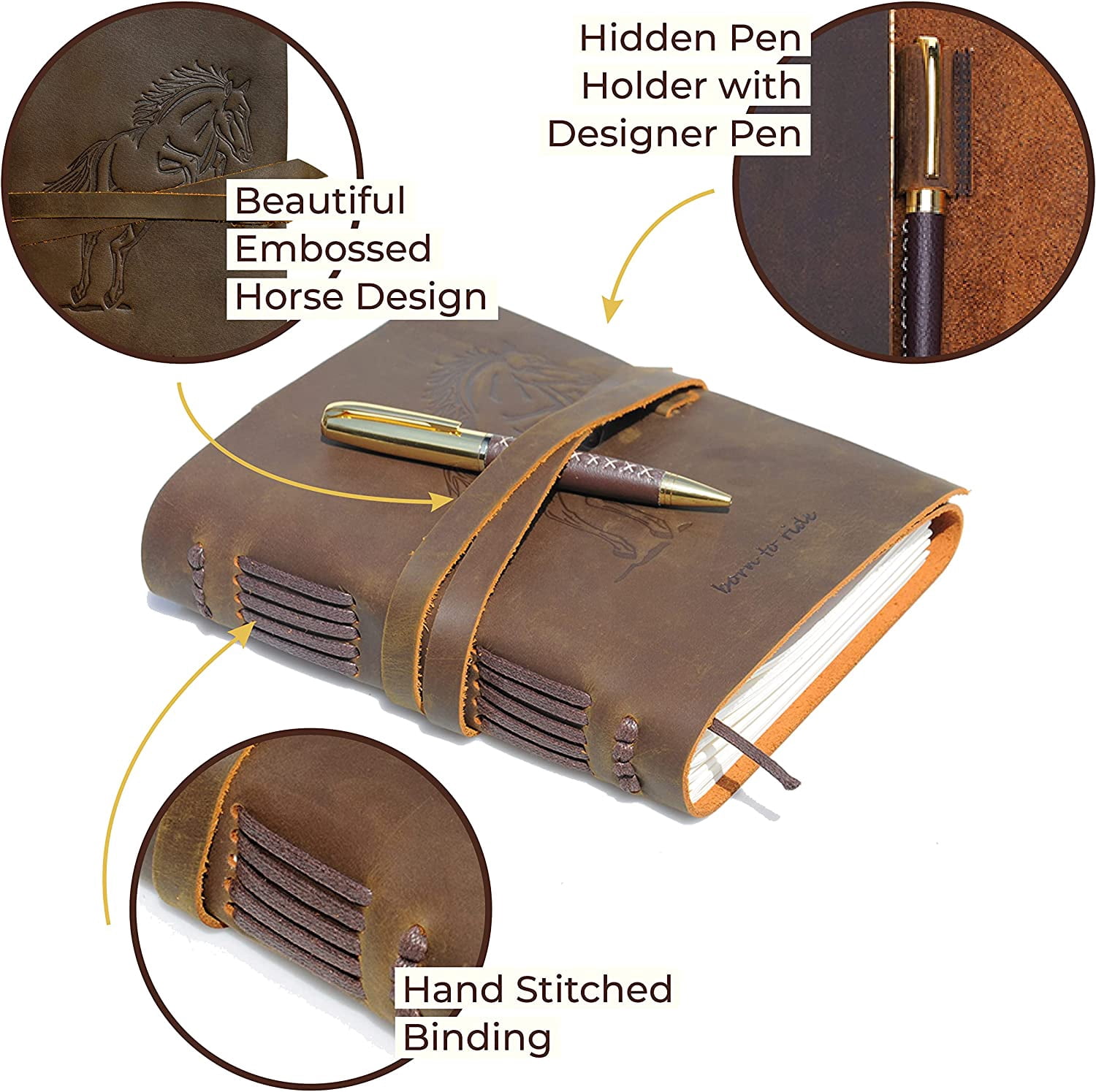 Leather Bound Journal for Men and Women, Handmade Gift Set with Horse Embossed Journal and Stylish Pen, Vintage and Classic, Notebook, Sketchbook, Planner and Diary (300 Pages) (8x6")