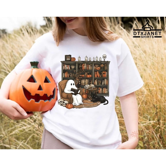 Teacher T-Shirt, Ghost Reading Book Shirt, Librarian Tee, Book Lover Outfit, Teacher Fall Gift, Spooky Bookish Costume All Size S-5Xl