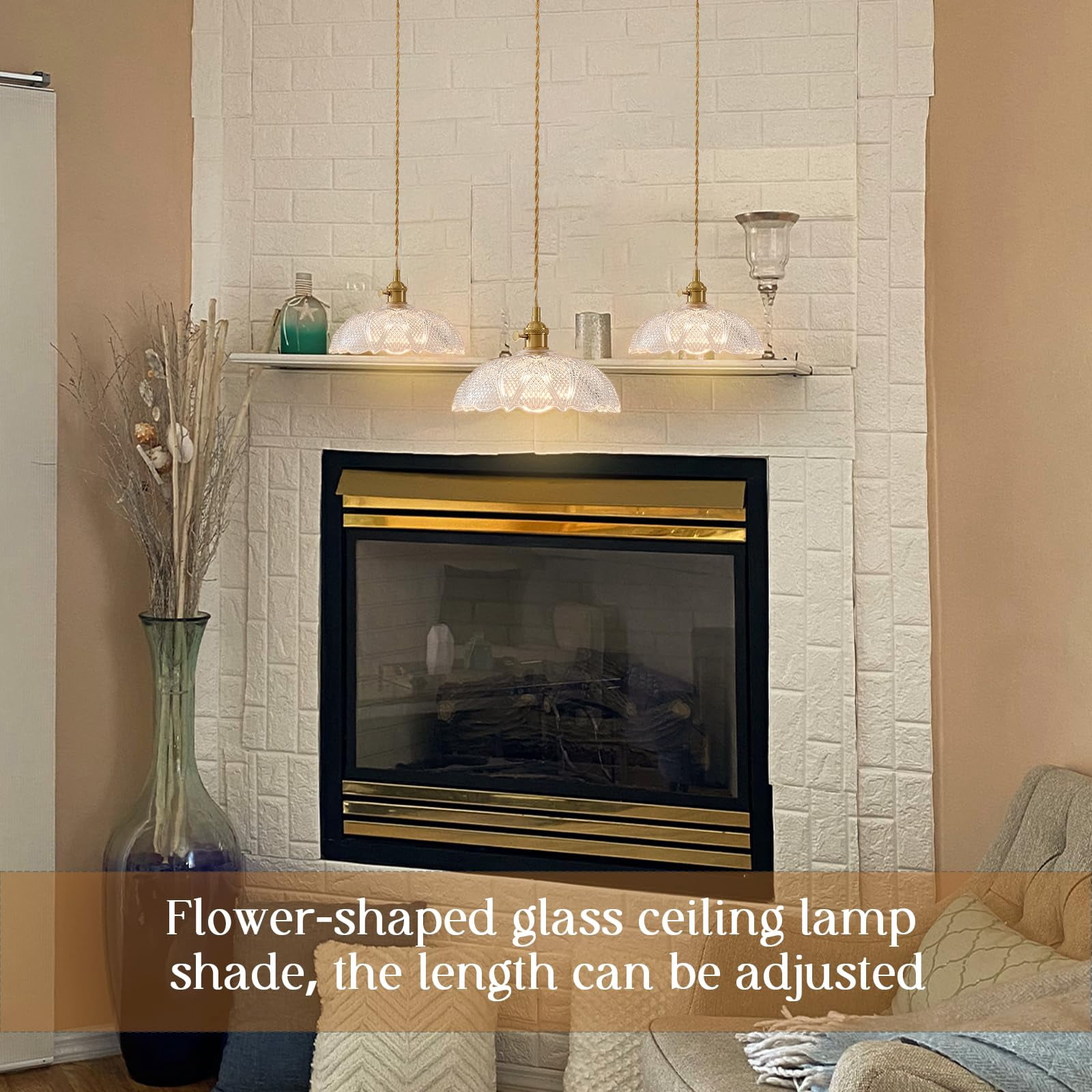 Oyisen Hanging Lamp,9.8 Inch Pendant Lights Kitchen Island Golden Adjustable Cord Hanging Pendant Light Flower Lampshade Vintage Pendant Light Farmhouse