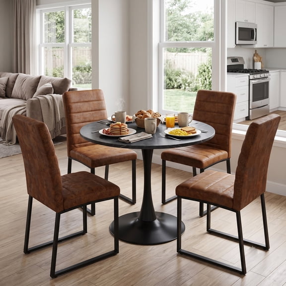 31.5'' Round Dining Table and Chairs for 4, Space Saving Modern Casual Coffee Table Set for Apartment Kitchen Dining Room (Faux Marble Table 4 Brown Chairs)