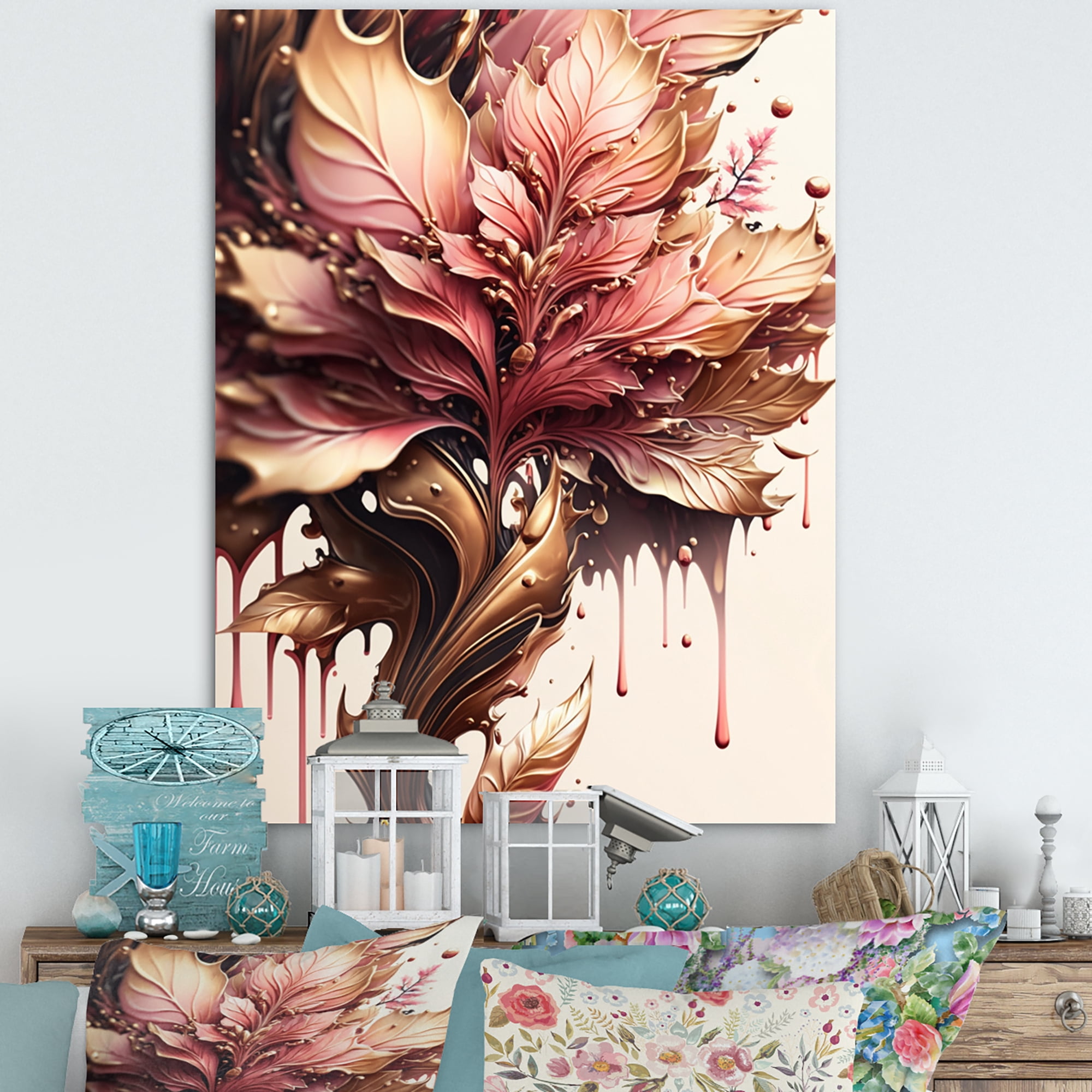 Designart Abstract Pink And Gold Leaves I Canvas Wall Art