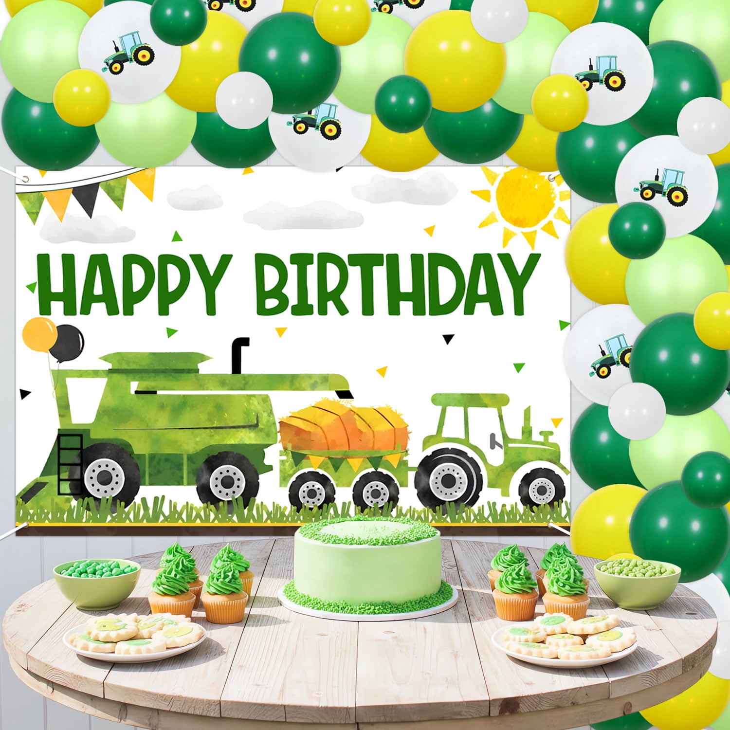 67Pcs Farm Tractor Theme Birthday Party Decorations Happy Birthday Photography Background Cloth Green Tractor Backdrop Foil Balloon Garland Arch Kit for Tractor Themed Kids Birthday Decor Supplies
