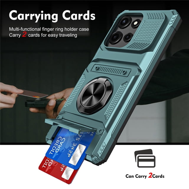 For Motorola Moto G Power 2025 Phone Case with Finger Ring Holder Kickstand, Card Slots,Heavy Duty Shockproof Rugged Protective Working with Magnetic Car Phone Mount,Green,For Moto G Power 2025