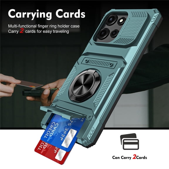 For Motorola Moto G Play 5G 2026 Phone Case with Finger Ring Holder Kickstand, Card Slots,Heavy Duty Shockproof Rugged Protective Working with Magnetic Car Phone Mount,Green,For Moto G Play 5G 2026