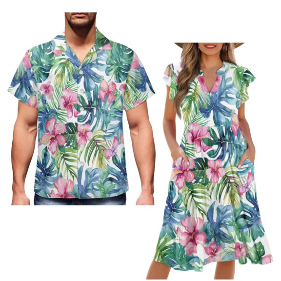 Uorisanigo Palm Leaf Couples' Outfits Husban and Wife Clothing Personality Short Sleeve Shirt for Men Size 3XL Hawaiian Tops and Womens Midi Summer Dress Casual Party Dresses