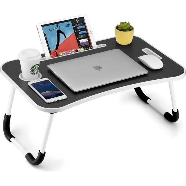 Foldable Laptop Table Portable Lap Desk Bed Table Tray Laptop Stand with Cup Holder & Tablet Slot & Lifting Handle for Working Writing Drawing & Eating (Pink)