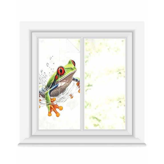 Window Privacy Film Green Funny Frog Stained Glass Window Film Decorative Sun Block Window Cover Animal Vintage Artwork Watercolor Window Clings Static Adhesive Sticker for Bathroom 17.7"x39.3"