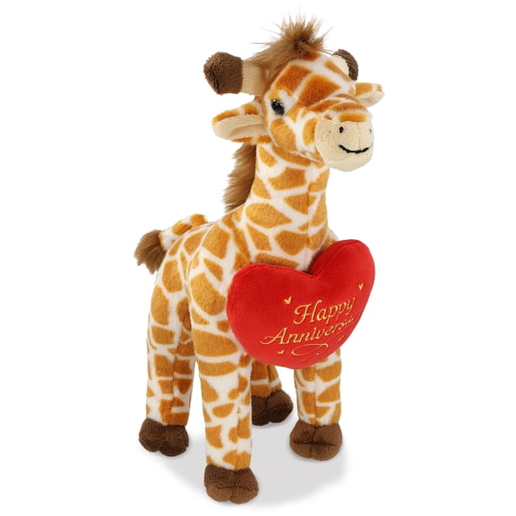 DolliBu Wild Small Giraffe Stuffed Animal with Happy Anniversary Red Heart Plush - Soft and Cuddly Wildlife Animal Giraffe Plush Toy Gift for Couples or Friends - 12.5 Inches