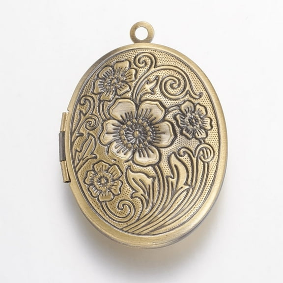 5 pc Brass Locket Pendants Oval with Flower Brushed Antique Bronze 33x23.5x7mm Hole: 1.5mm Material: Brass