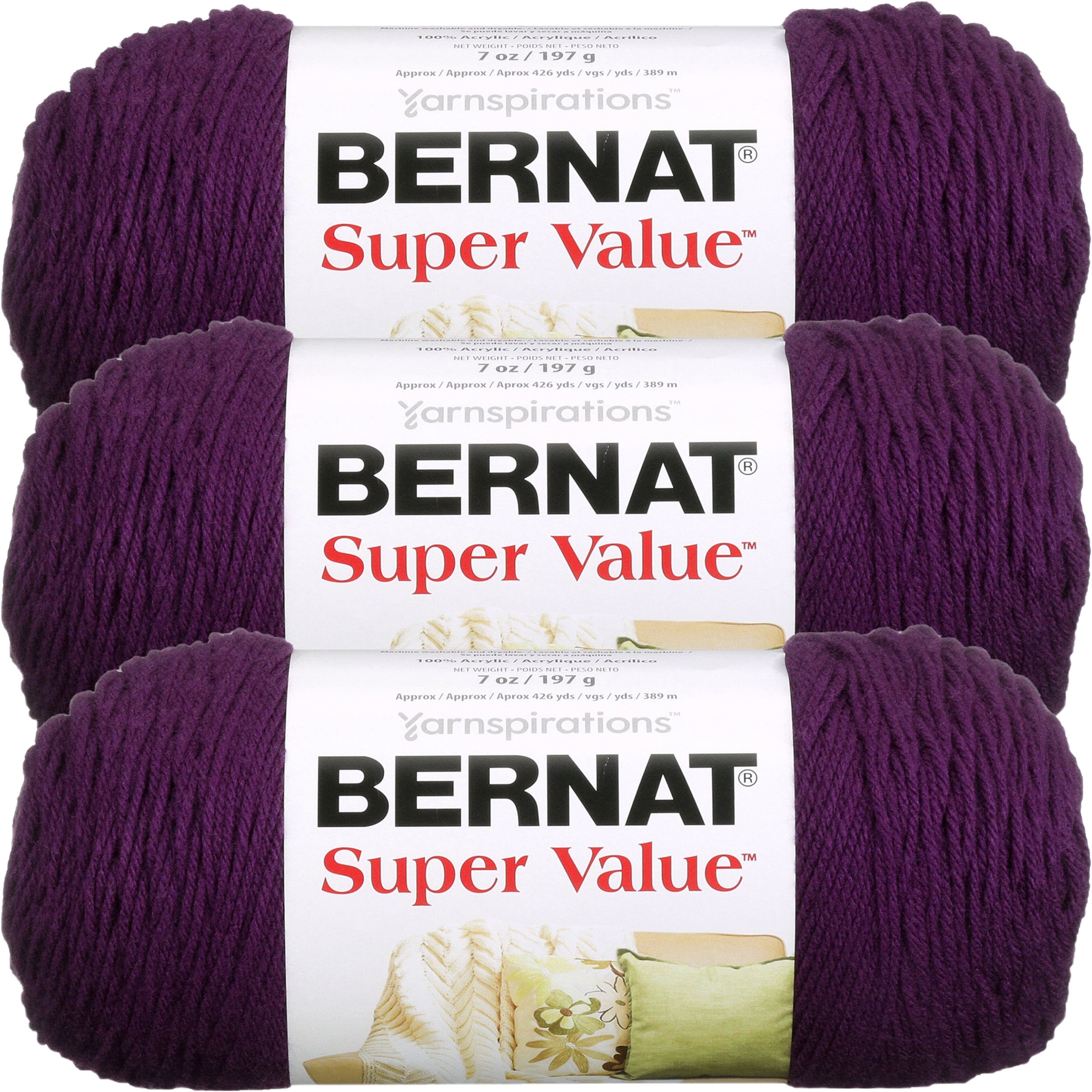 Bernat Super Value Solid Yarn-Mulberry, Multipack Of 3