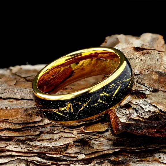 Men's 8mm Tungsten Wedding Ring with Meteorite Foil & Golden Leaf Design - Black Meteorite Inlay, Polished Golden Finish, Durable Comfort Fit Band for Wedding, Anniversary, Christmas, Valentine's,10