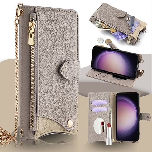 Allytechgroup Wallet Case for iPhone XS/X with Makeup Mirror, Detachable Metal Shoulder Strap Cards Slots Zipper Pocket Shockproof Protective Phone Case for iPhone XS/X, Gray