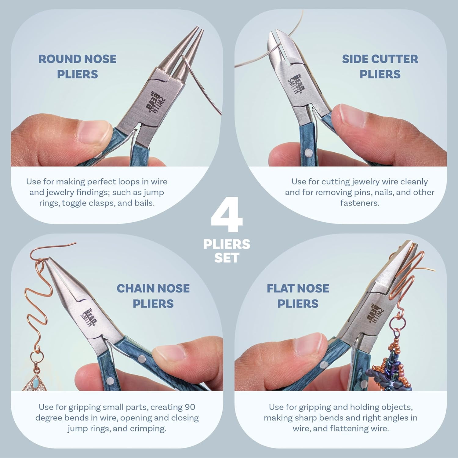 The Beadsmith Natural Elements Pliers Set - 4-Piece Kit: Chain Nose, Round Nose, Flat Nose, Side Cutter and Canvas Carrying Case – Blue Wooden Handles - Tools for Jewelry Making