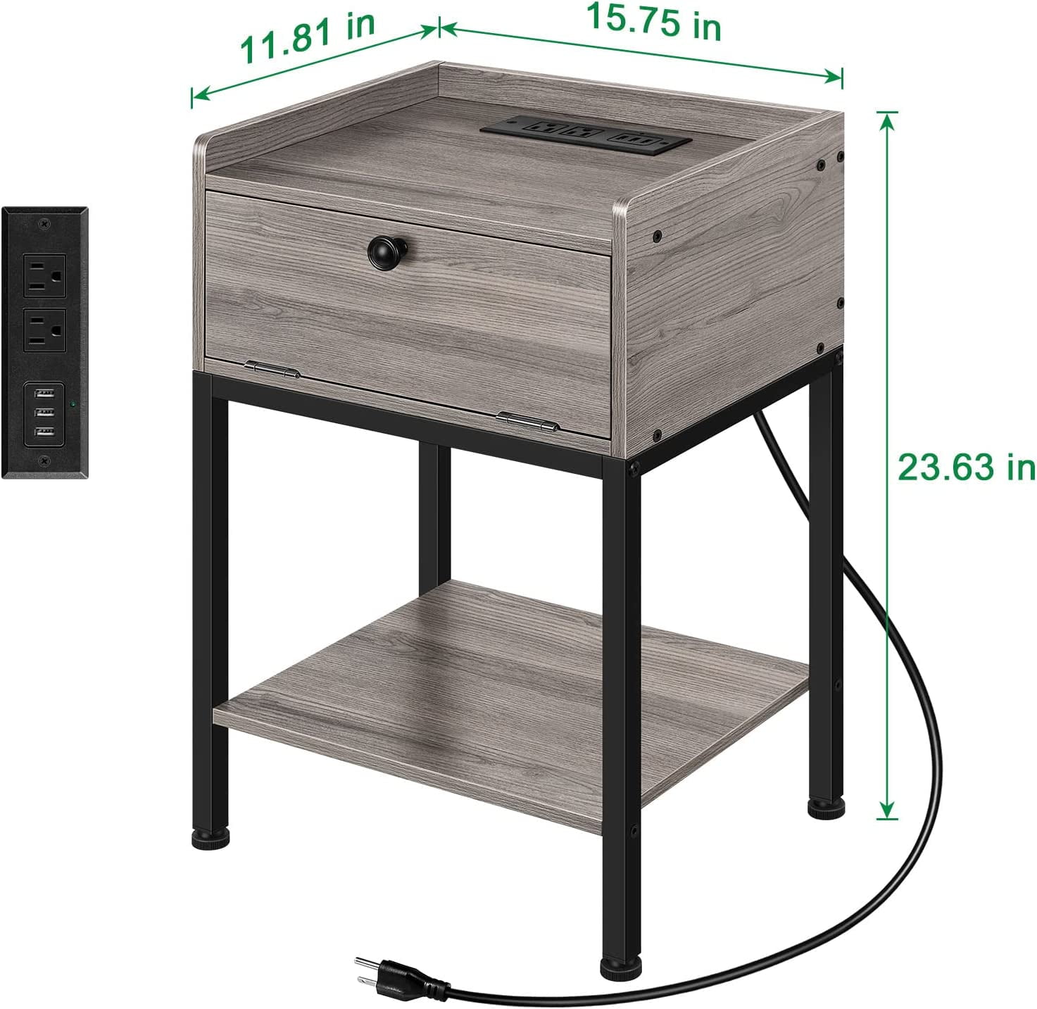 Wood Side Table with Charging Station Nightstand End Table with Storage Drawer, Gray