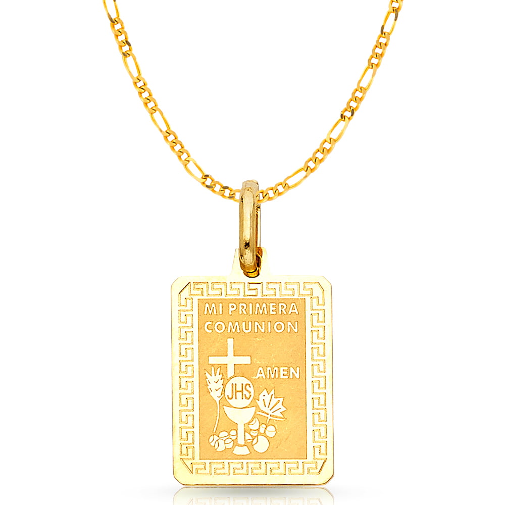 14K Tri Color Gold Diamond Cut Communion Stamp Charm Pendant with 2mm Figaro 3+1 Chain Necklace 
