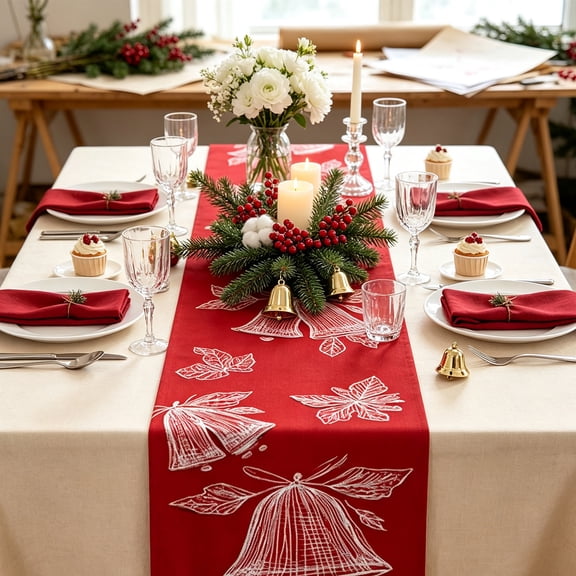 Christmas Table Runner, 12.99 X 72.05 Inches, Linen, Style D, For Dining Table, Mantel And Party Decor