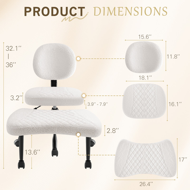 Homall Ergonomic Cross Legged Chair,360°Swivel Wheels, Height Adjustable Ergonomic Kneeling Desk Chairs for ADHD,Meditation ,Yoga and Home Office with Strong Lumbar Support,Teddy Fabric,Off White