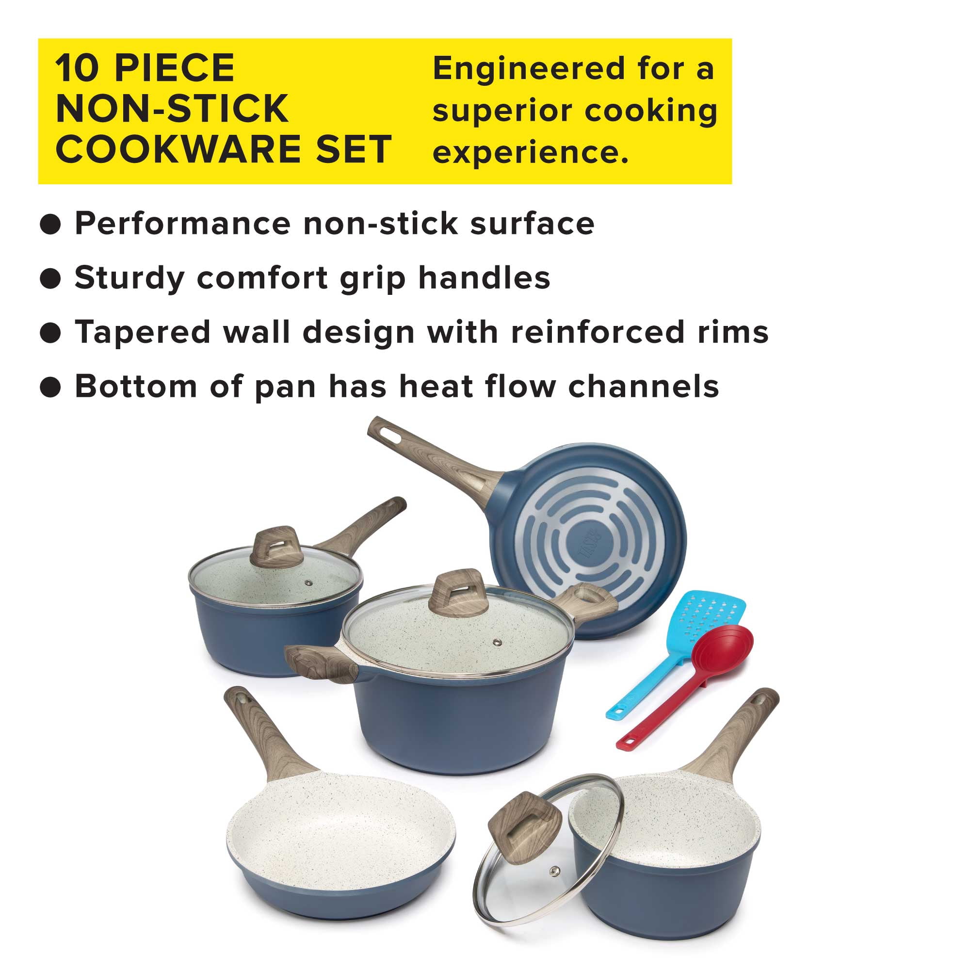 Tasty Cast Aluminum Cookware Set with Smart Heat Base, Dishwasher Safe, Blue, 10 Piece