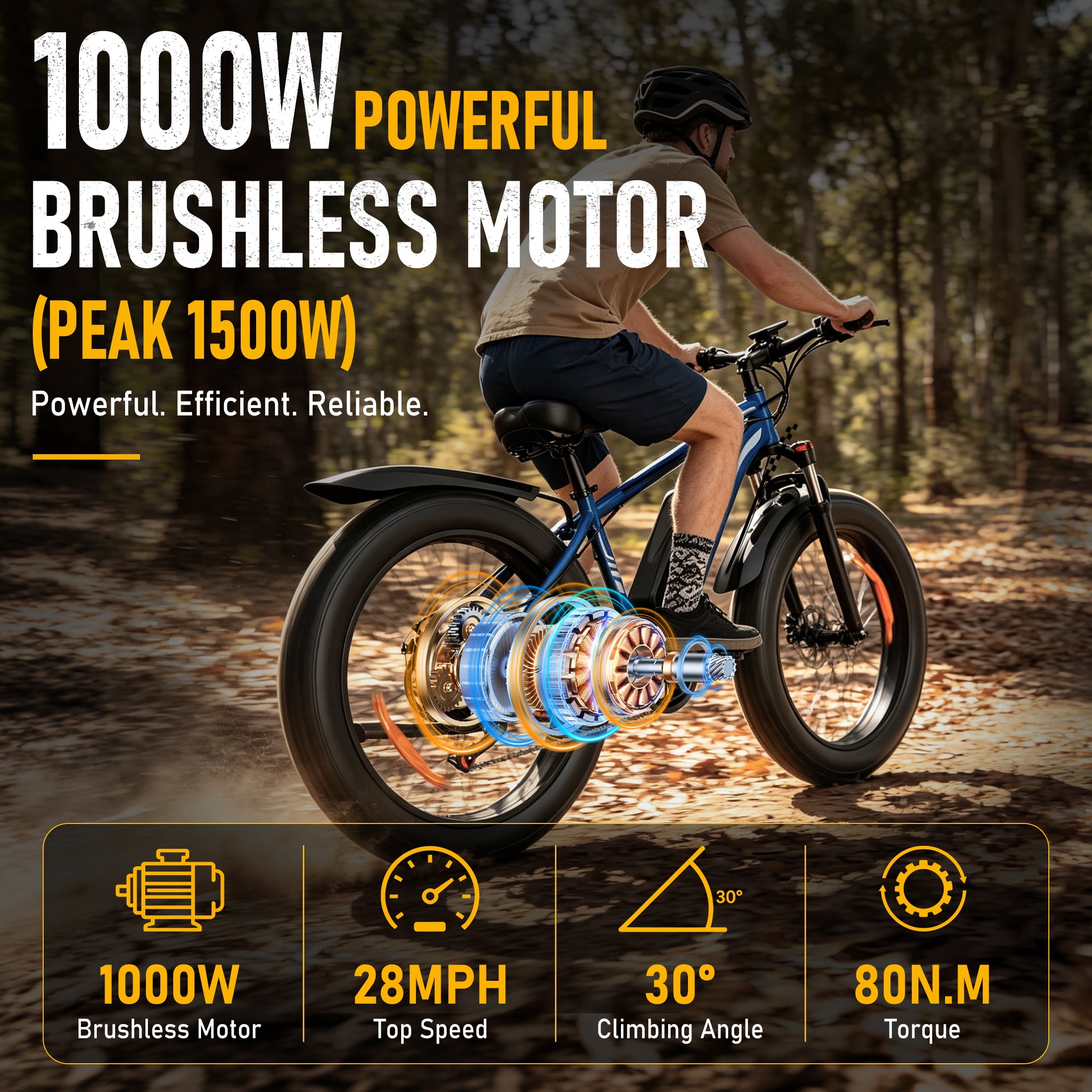 AMYET EB26 Electric Bike for Adults, Peak 1500W 48V 15Ah, 26" Fat Tire Ebike, E-Mountain Bicycle, UL2849
