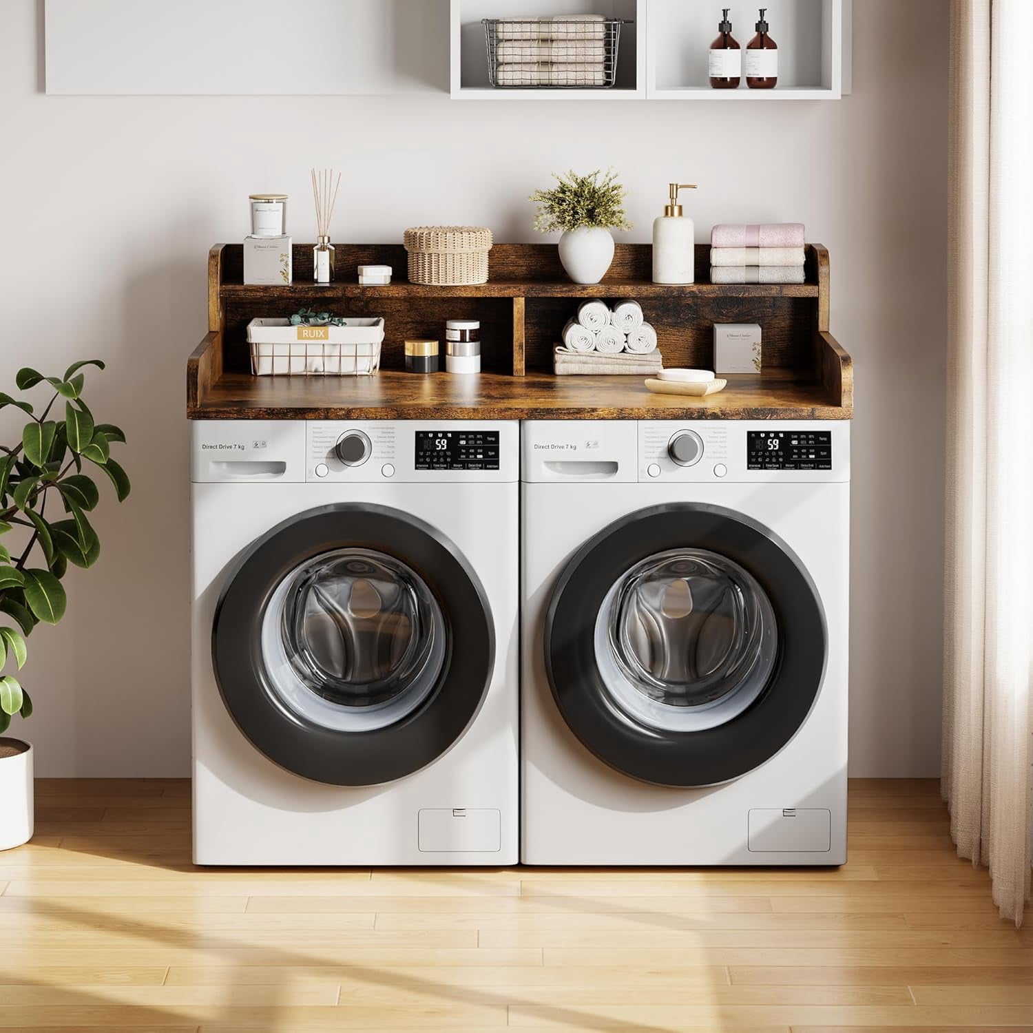 2-Tier Washer Dryer Countertop with Shelf, Laundry Topper with Edge and Non-Slip Pad for Washer Dryer Laundry Hamper Counter Storage Organization 54"X27.5"，Retro