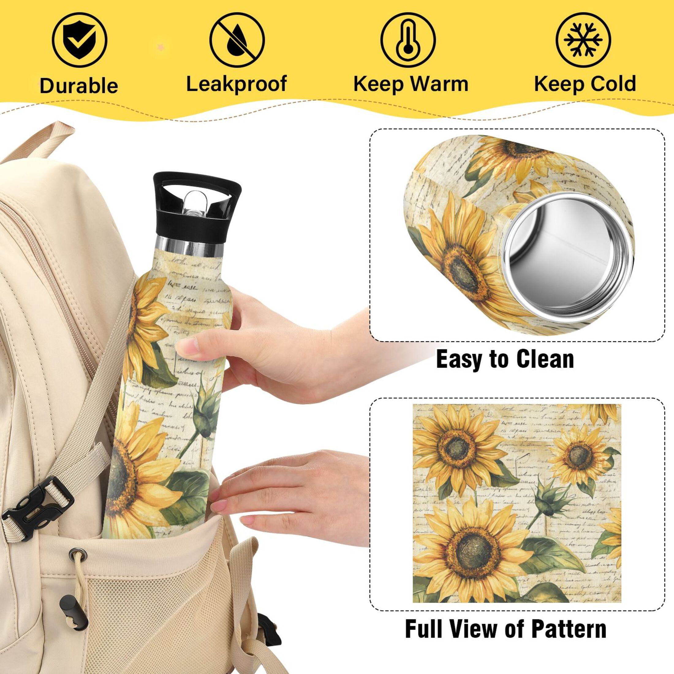 Kids Insulated Stainless Steel Sports Water Bottle 600ml (20oz) Vintage Sunflowers