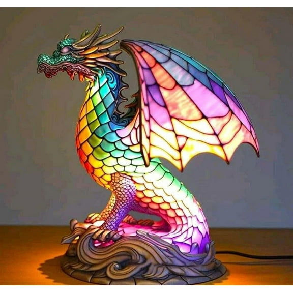 Angfeng Stained Resin Animal Night Light Resin Stained Glass Bedside Light Home Ornament(Dragon)