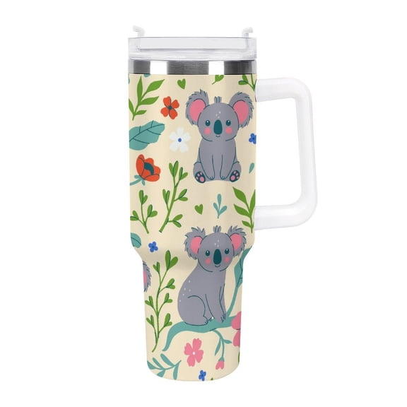 Cute Koala 40 Oz Tumbler with Handle and Straw Lid, Stainless Steel Insulated Travel Coffee Mug, Vacuum Insulated Water Bottle for Home, Office, Car, Keep Hot/Cold for Hours