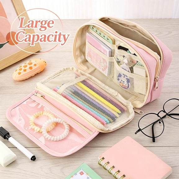 Pencil Case, Large Capacity Pencil Case Organizer, Spacious Opening Multi-Compartment Zipper Pen Pouch with Mesh Pockets,Pencil Pouch for Stationery Storage Makeup Bag Office Supplies, Pink