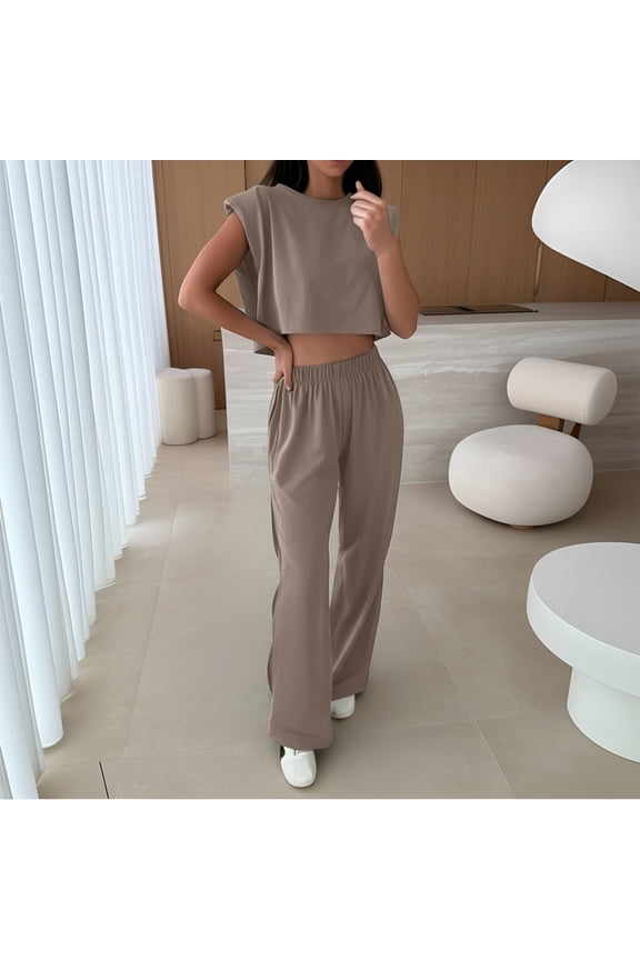 Women's Casual Suit Set Spring Summer Round Neck Shoulder Padded Trousers Outfit Pure Color Work Daily Wear Comfortable Stretchy Pant Loose Jumpsuit for Women Dress Jumpsuits for Women Evening All Two