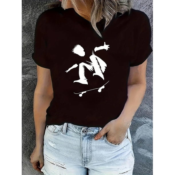 Casual Skateboarding Silhouette Graphic T-Shirt, Polyester Knit Fabric with Spandex, Comfort Fit Crew Neck Top for All Seasons