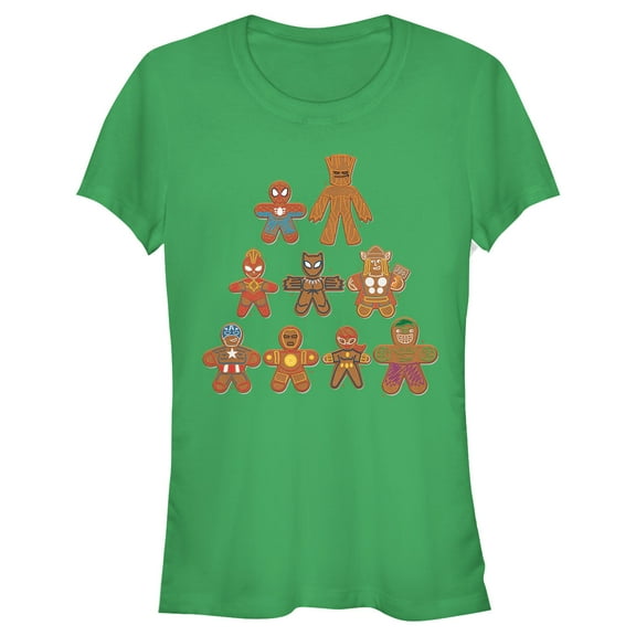 Junior's Marvel Christmas Gingerbread Cookie Tree Graphic Tee Kelly Green Medium