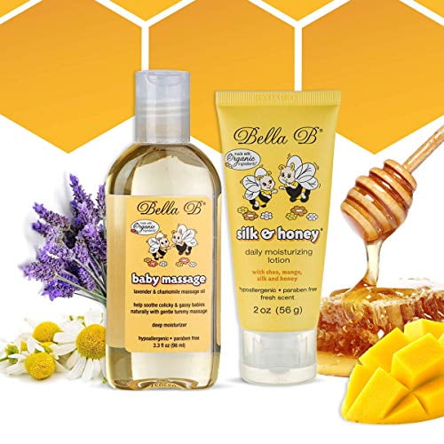 Bella B Bundle Baby Massage Oil 3.3 oz & Silk & Honey Baby Lotion 2 oz - Baby Oil Organic - Organic Baby Oil - Natural Baby Lotion - Organic Baby Lotion - Organic Baby Products - Organi