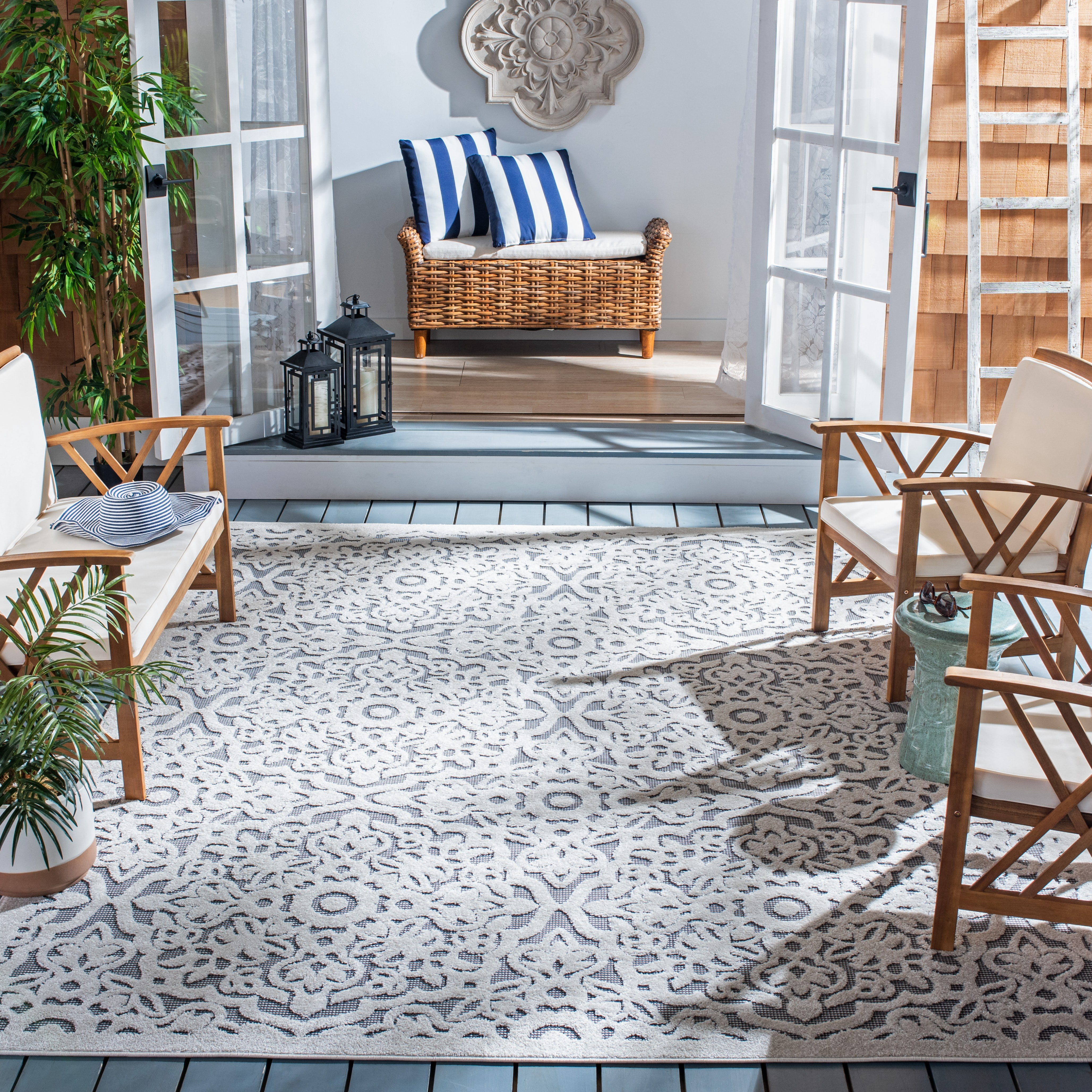 SAFAVIEH Cabana Henrika Ivory/Grey 2'2"X9' Runner Indoor/Outdoor Area Rug Ivory/Grey, 6'7" x 6'7" Square