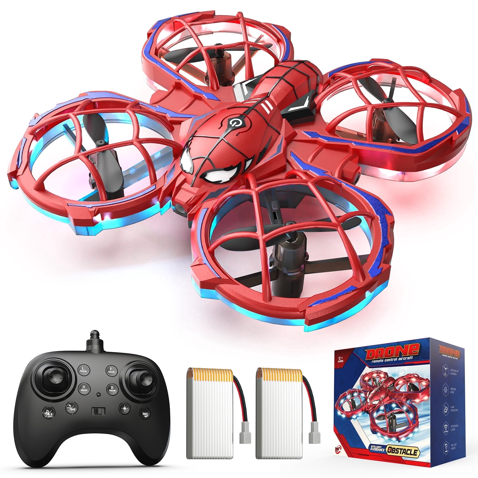 Spider Drones for Kids, Wefone Mini Drone with Cool Lights, One-Key Takeoff / Landing, 360°Flip, Obstacle Avoidance, Headless Mode, 2 Batteries, Red